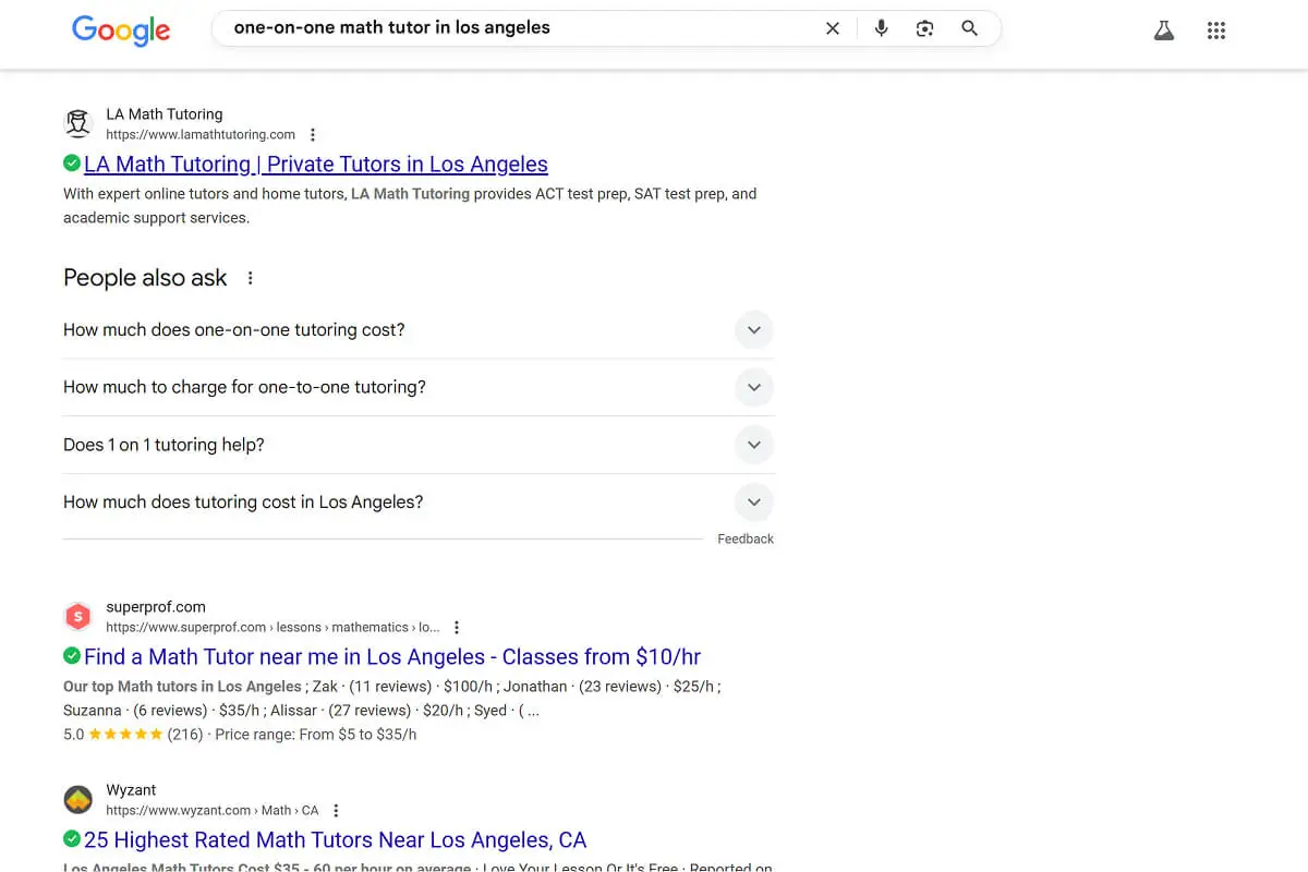 Google search results page displaying listings for one-on-one math tutors in Los Angeles.