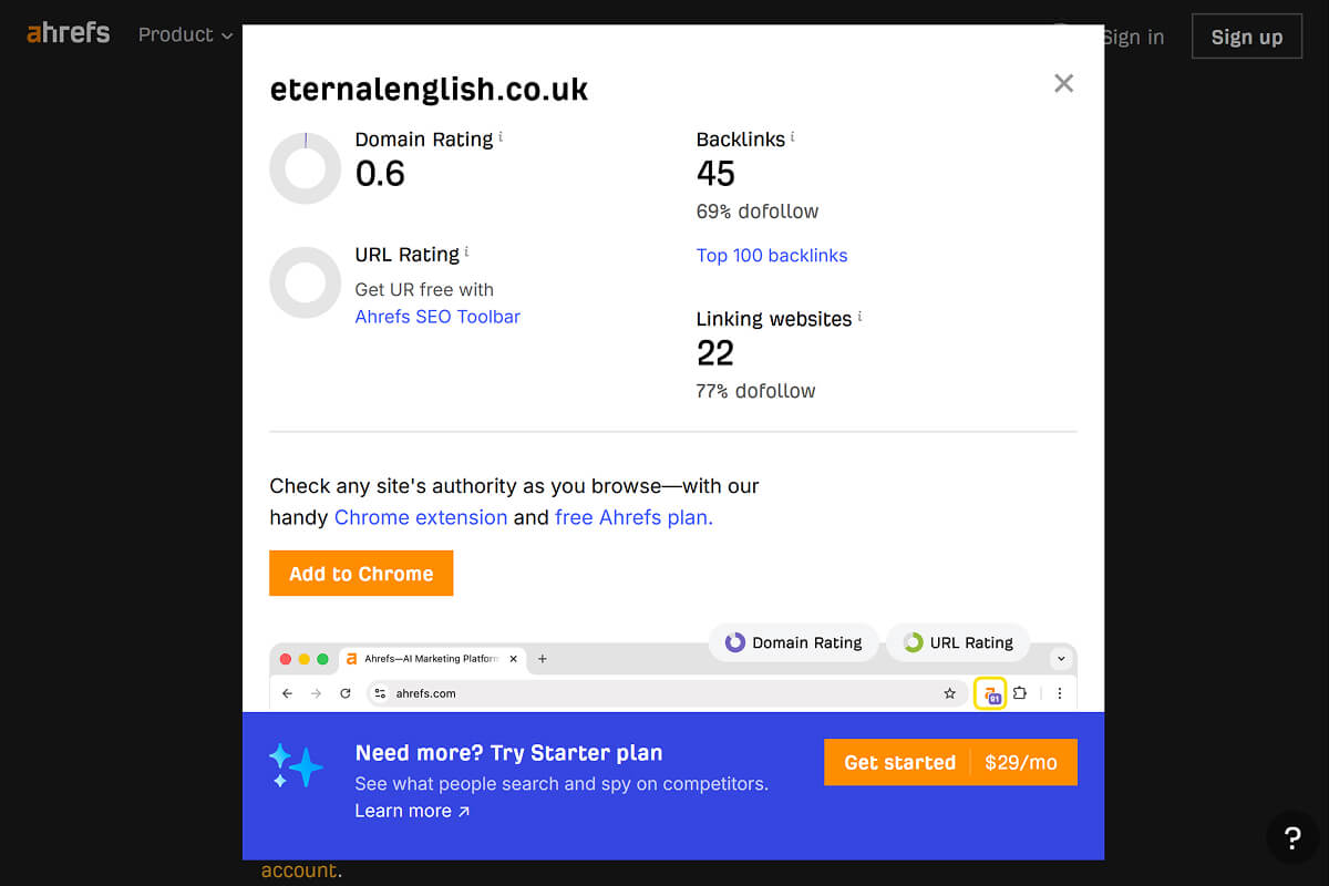 Free tool to check your website domain rating and backlinks by Ahrefs.