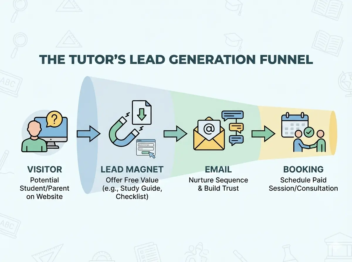 Infographic titled "The Tutor's Lead Generation Funnel" showing a 4-step process: Visitor (Potential Student/Parent), Lead Magnet (Offering Free Value), Email (Nurture Sequence), and Booking (Paid Session or Consultation).