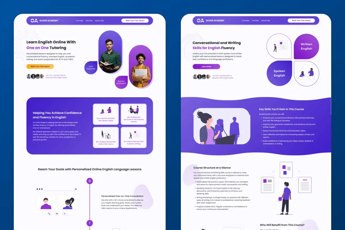Screenshot of the homepage and service page of a tutoring website designed by Mabit Web Studio.