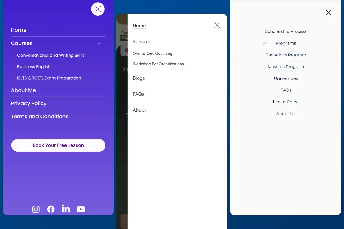 Screenshot of mobile navigation designs of different education websites built by Mabit Web Studio. 