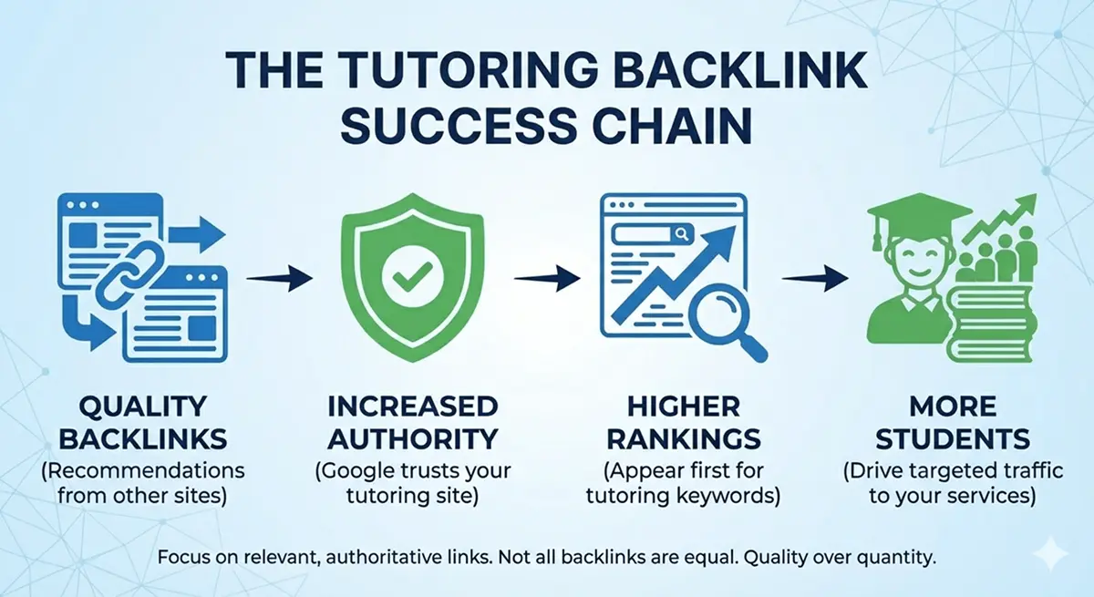 Infographic showing the Tutoring Website Backlink Success Chain: Quality Backlinks lead to Increased Authority, resulting in Higher Search Rankings and More Students.