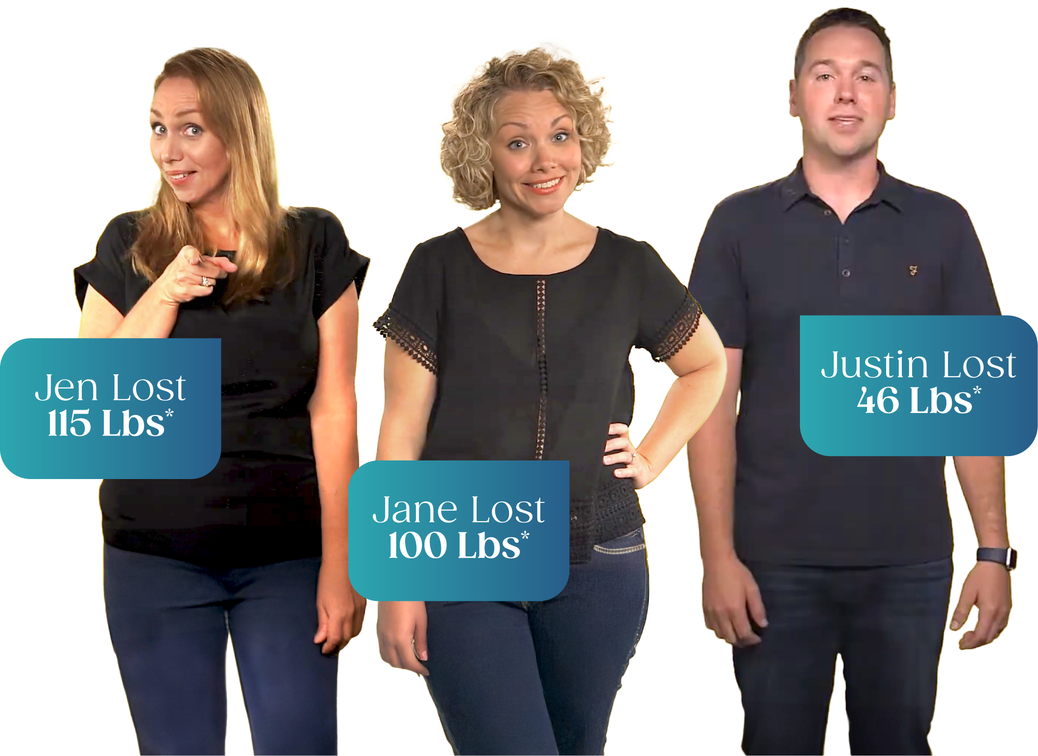 An Image of Jen who lost 115 pounds, Jane who lost 100 pounds, and Justin who lost 46 pounds.

