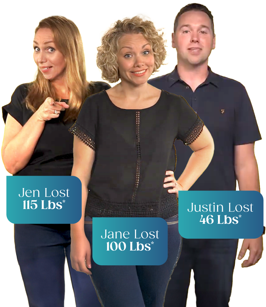An image of Jen who lost 115 pounds, Jane who lost 100 pounds, and Justin who lost 46 pounds using WonderSlim plans.