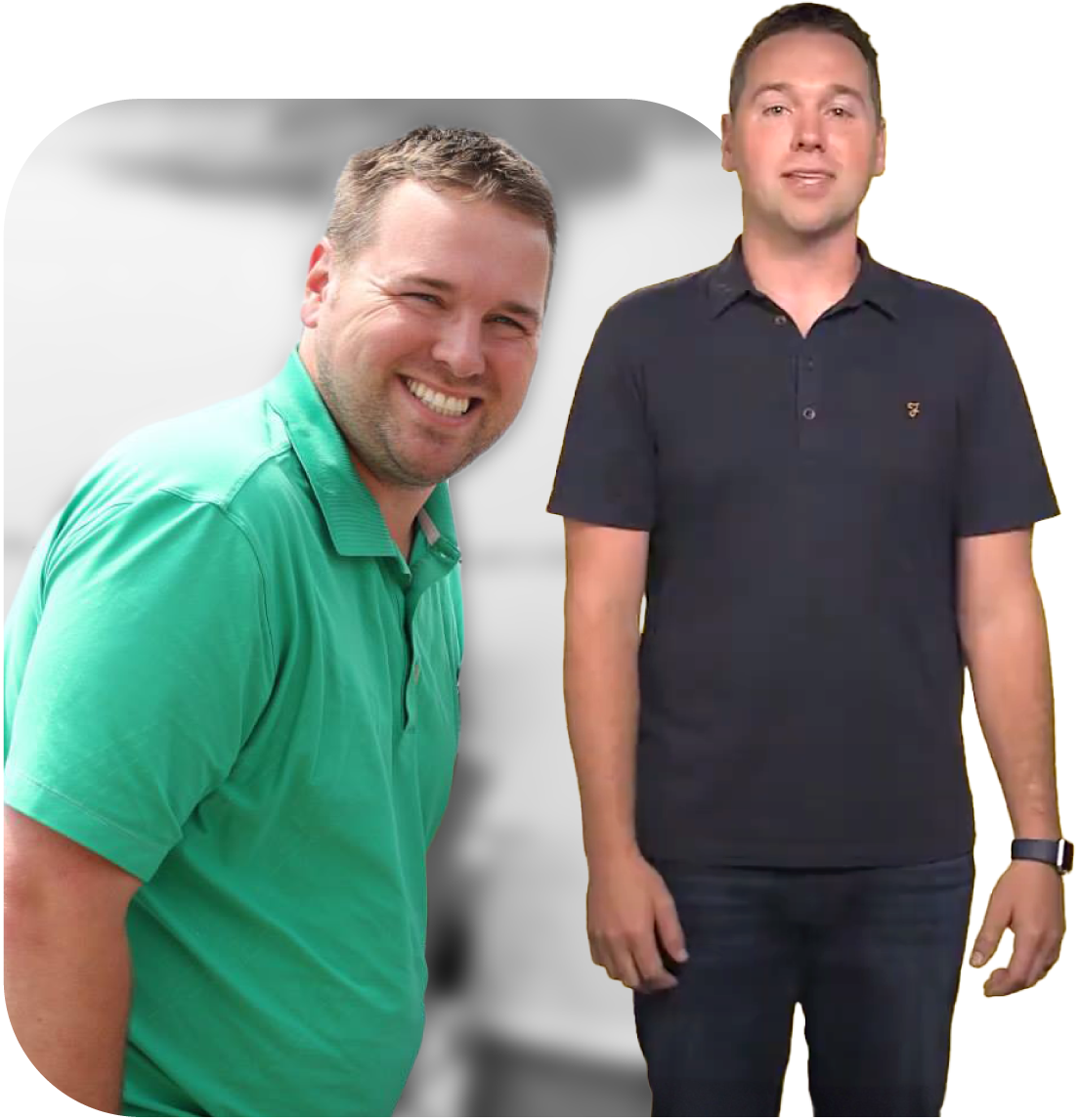 Before and after image of Justin.  Justin lost 46 pounds.