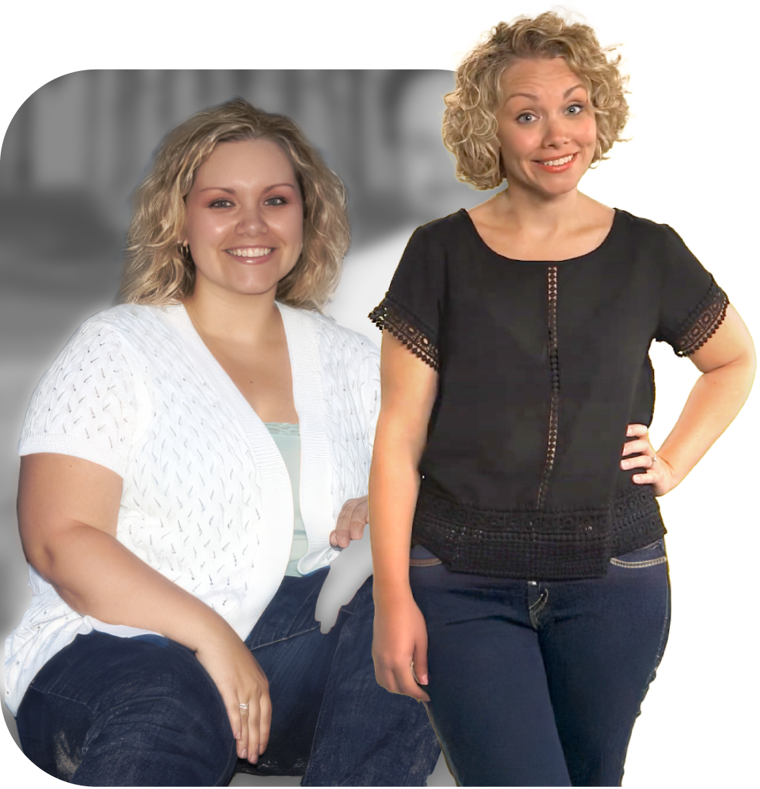 Jane before and after image. Jane lost 100 pounds.
