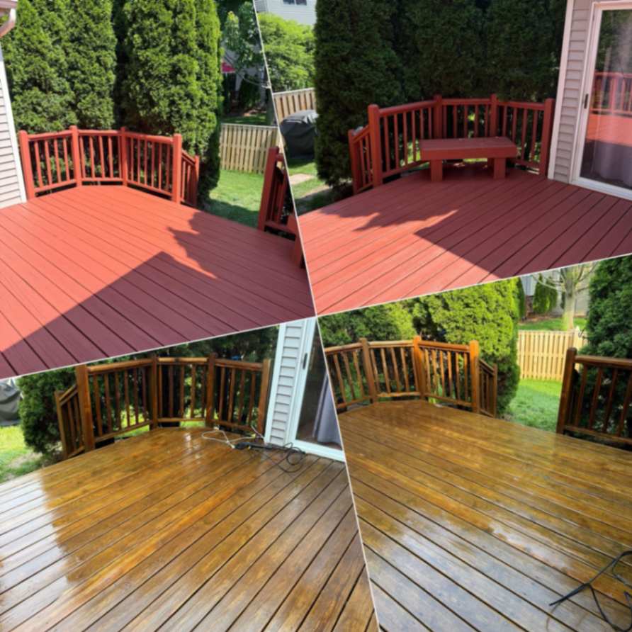 Deck repair with board replacement, sanding, and fresh stain