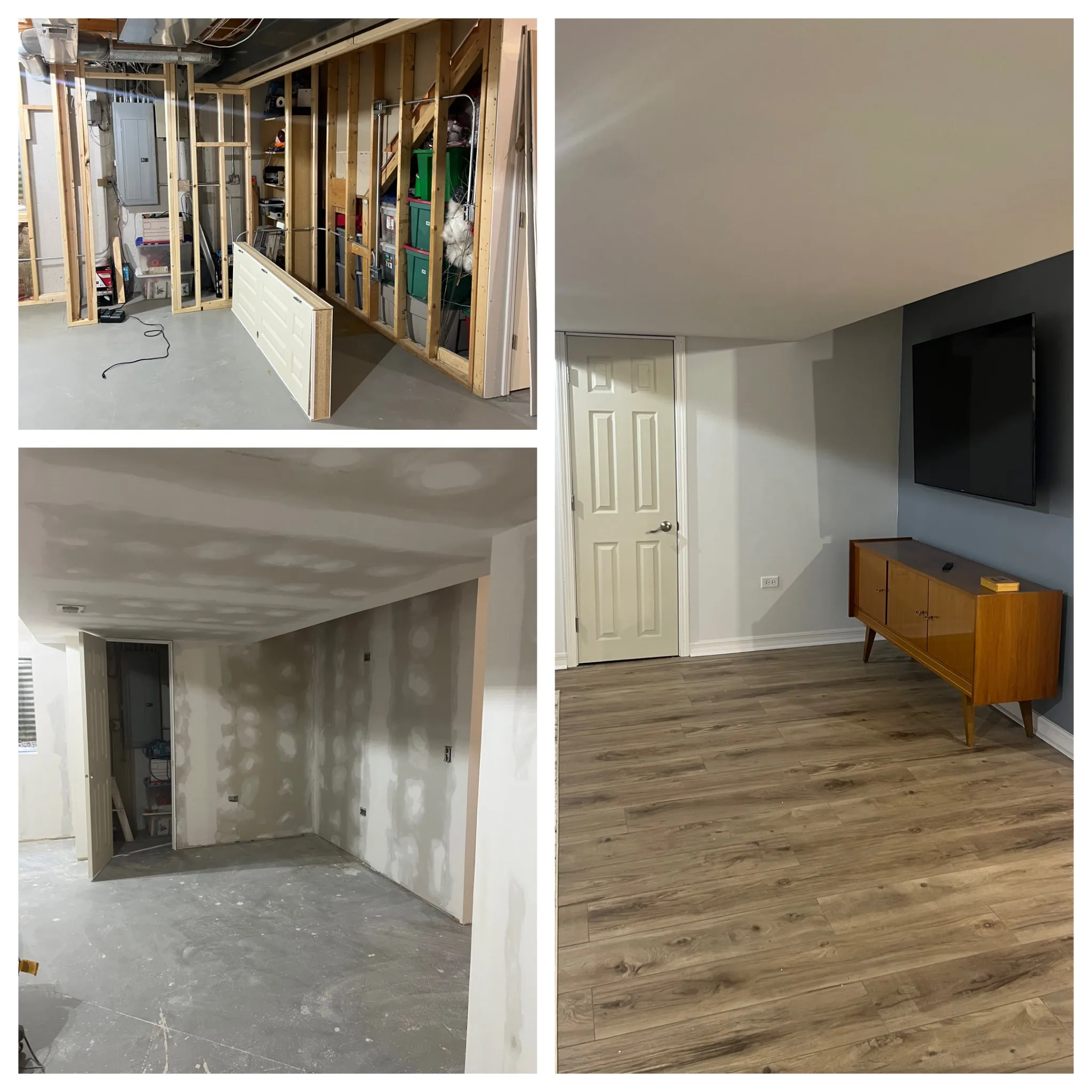Basement remodeling with framing, drywall installation, and vinyl flooring in Naperville.