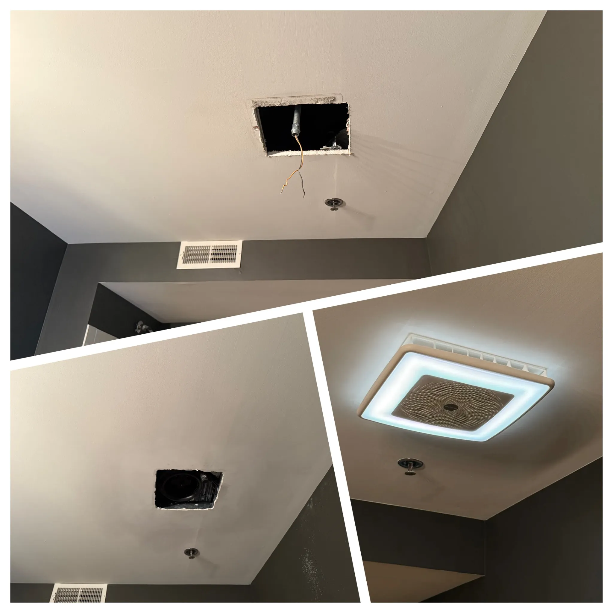 Professional bathroom exhaust fan installation with LED light in Aurora – complete wiring and moisture control upgrade.