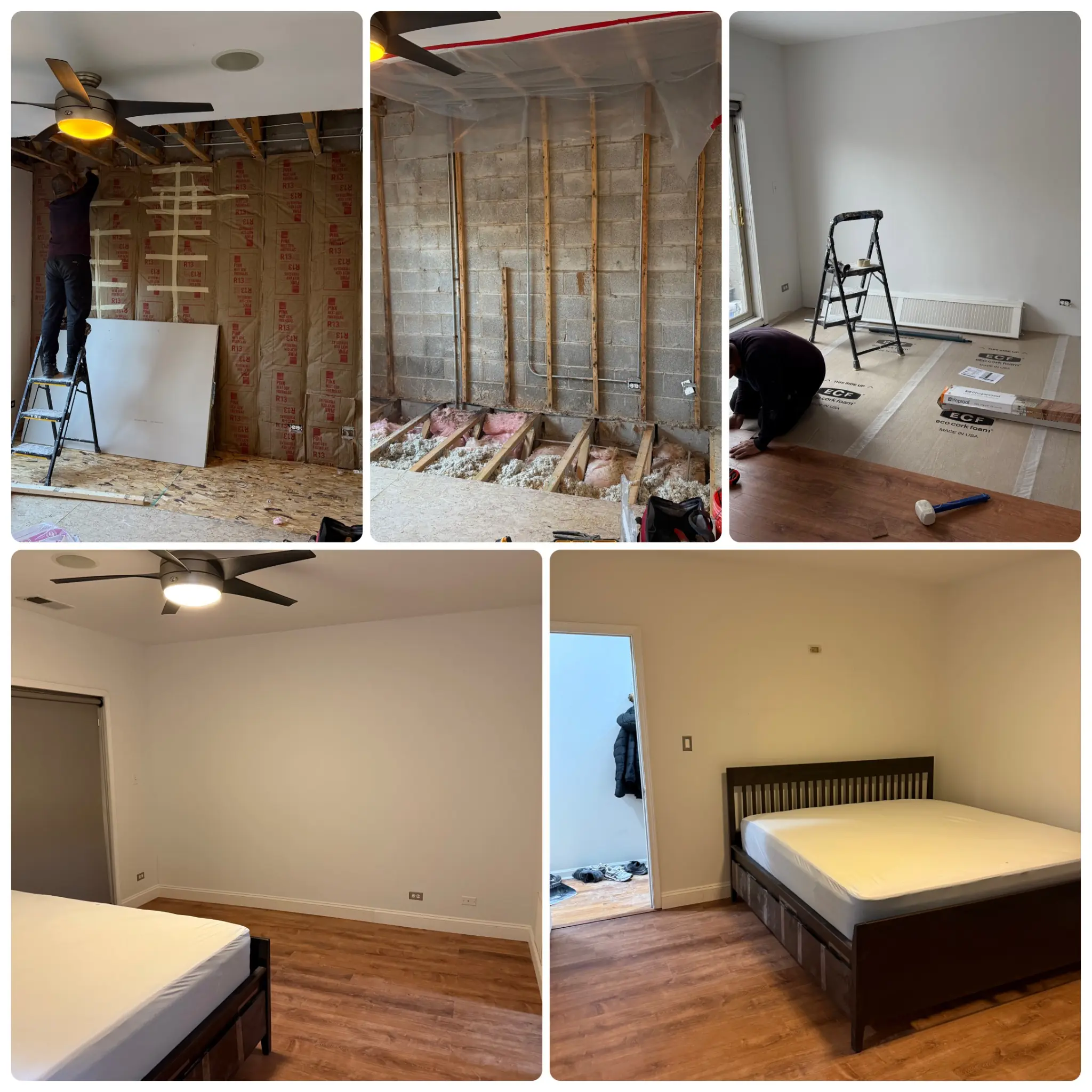 Modern bedroom remodel with new drywall, insulation, and vinyl plank flooring in Aurora, IL.