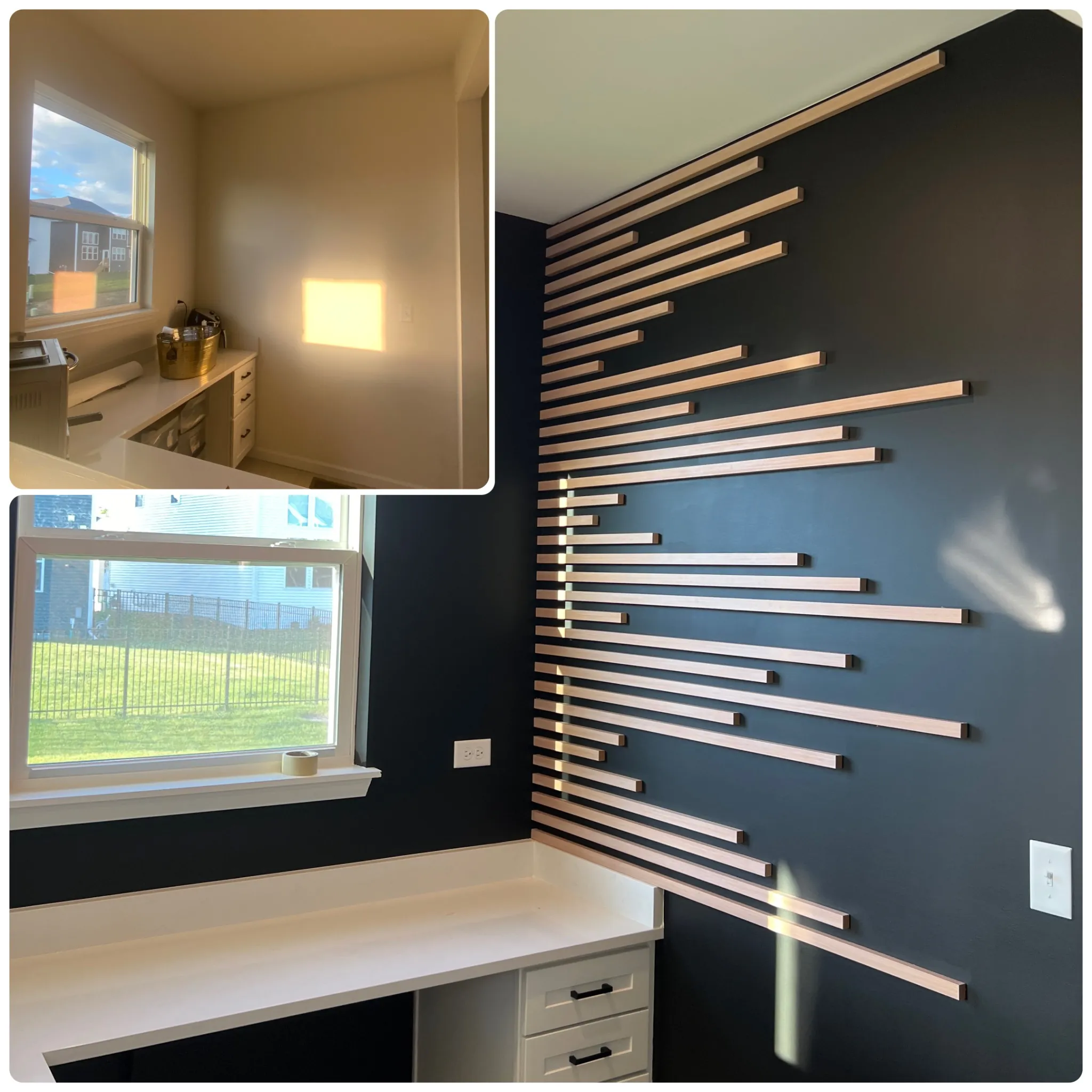 Modern home office with custom wood slat accent wall and sleek dark paint in Bolingbrook, IL.