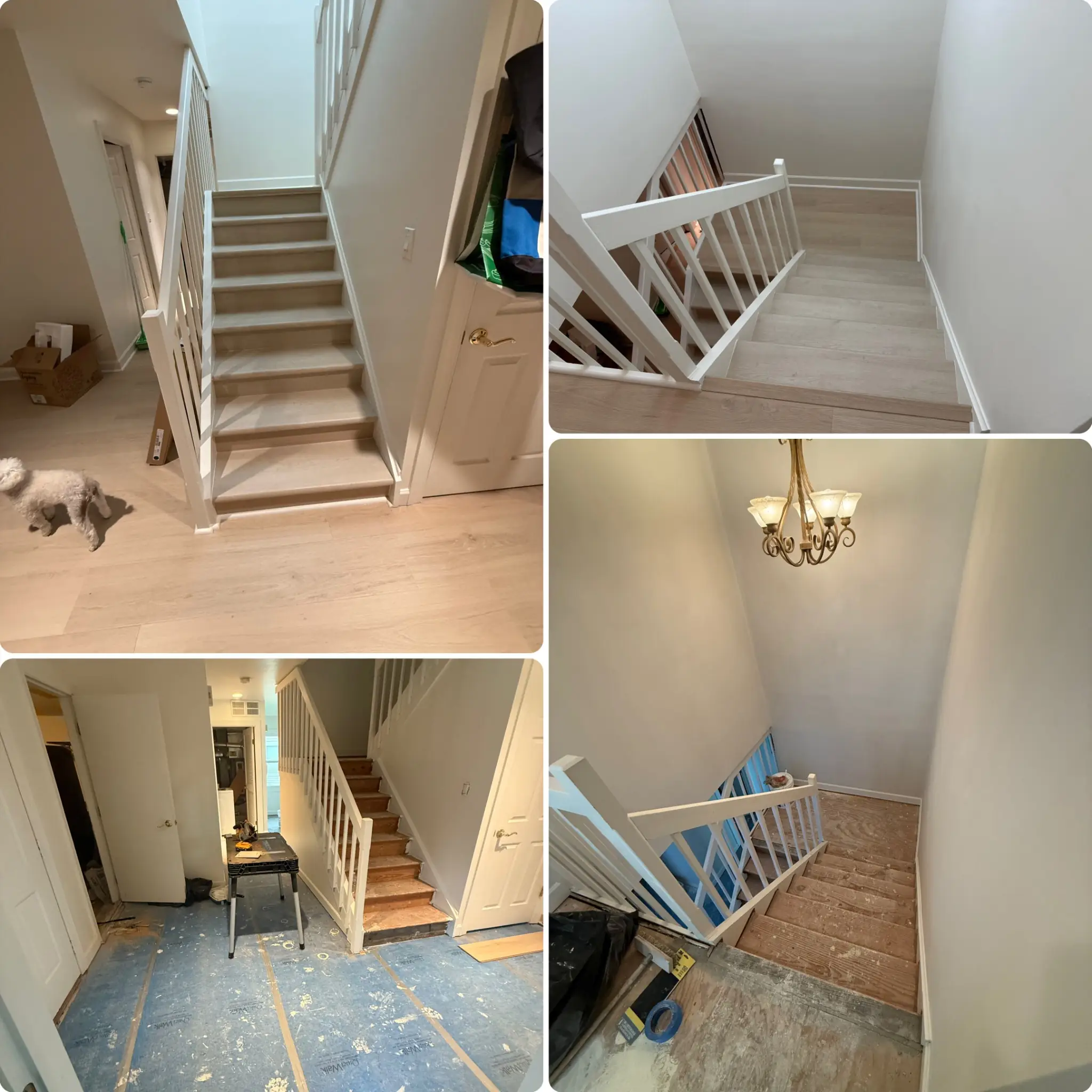 Staircase renovation with new wood steps, refinished railings, and fresh paint in Bolingbrook, Illinois