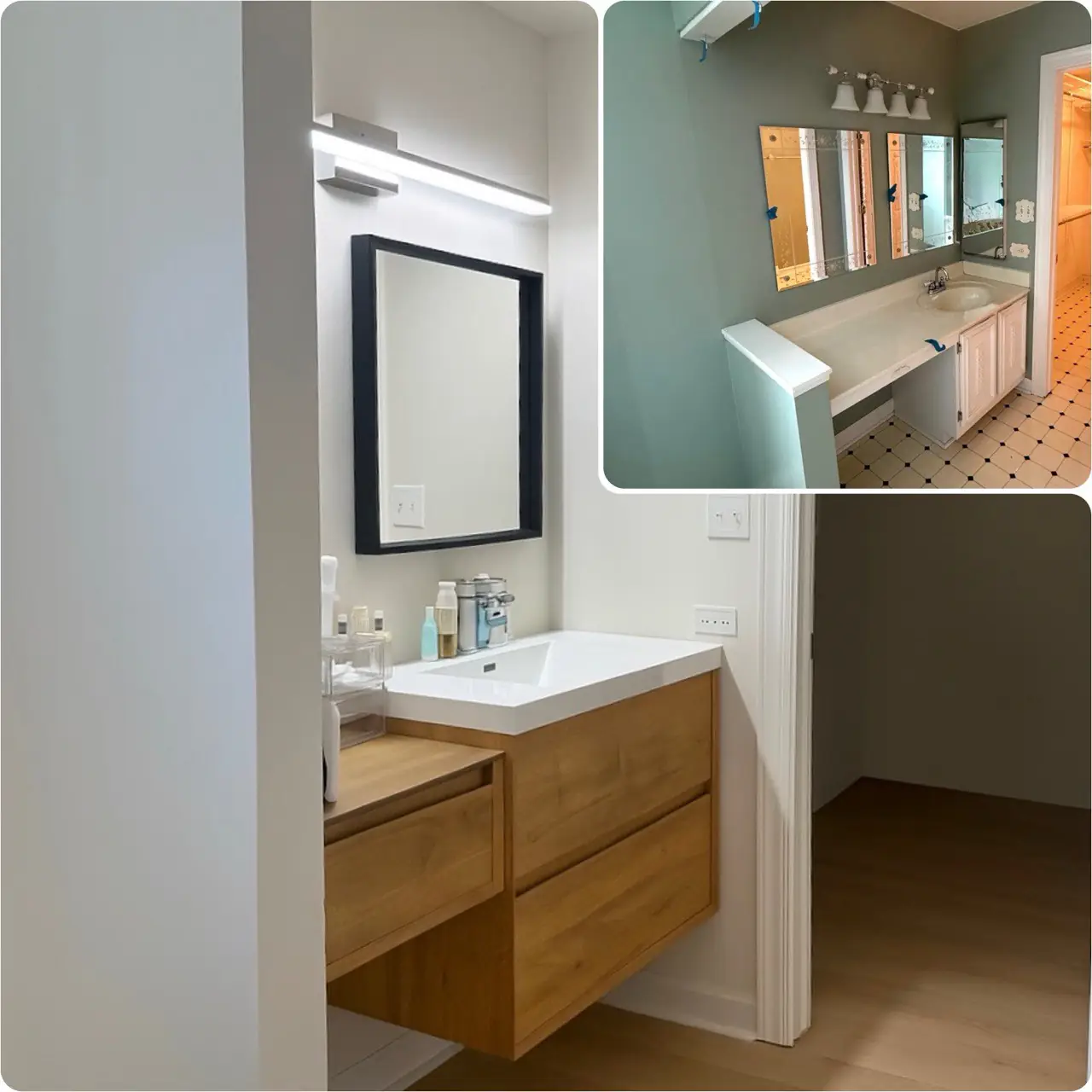 Bathroom vanity upgrade with modern floating cabinet, LED lighting, and new plumbing in Lombard, Illinois