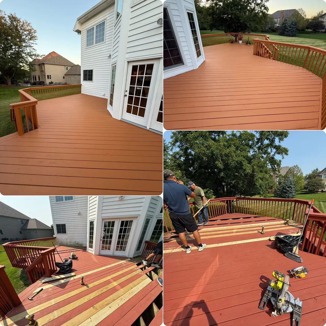 Deck board replacement with new pressure-treated wood and protective paint in Aurora, Illinois