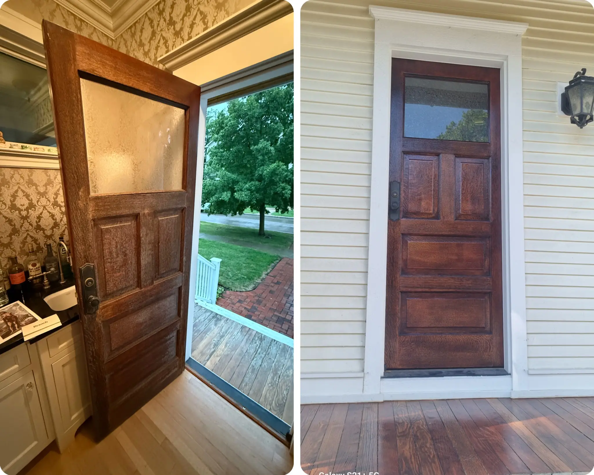 Door refinishing with new stain and protective finish on a wooden entry door in Wheaton, Illinois