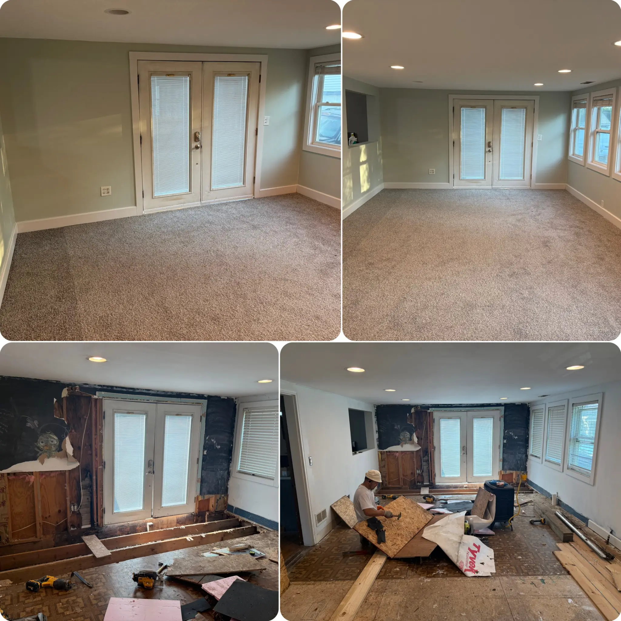 Sunroom water damage repair with new insulation, drywall, subflooring, and carpet in Naperville, Illinois