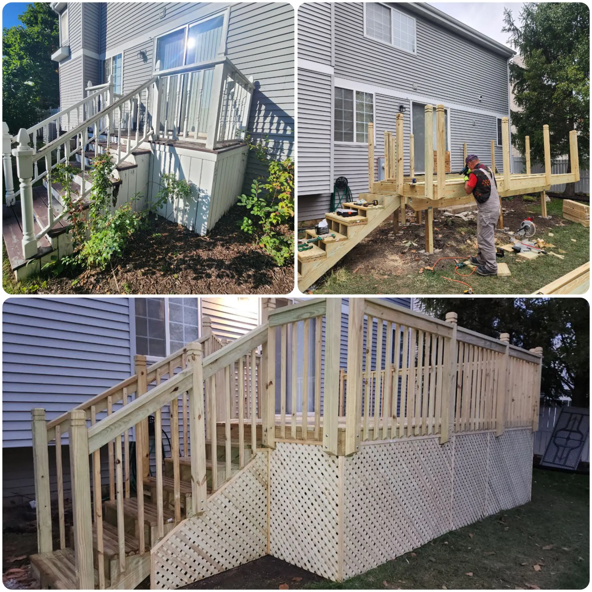 Complete deck rebuild with new framing, railings, and lattice skirting in Woodridge, Illinois