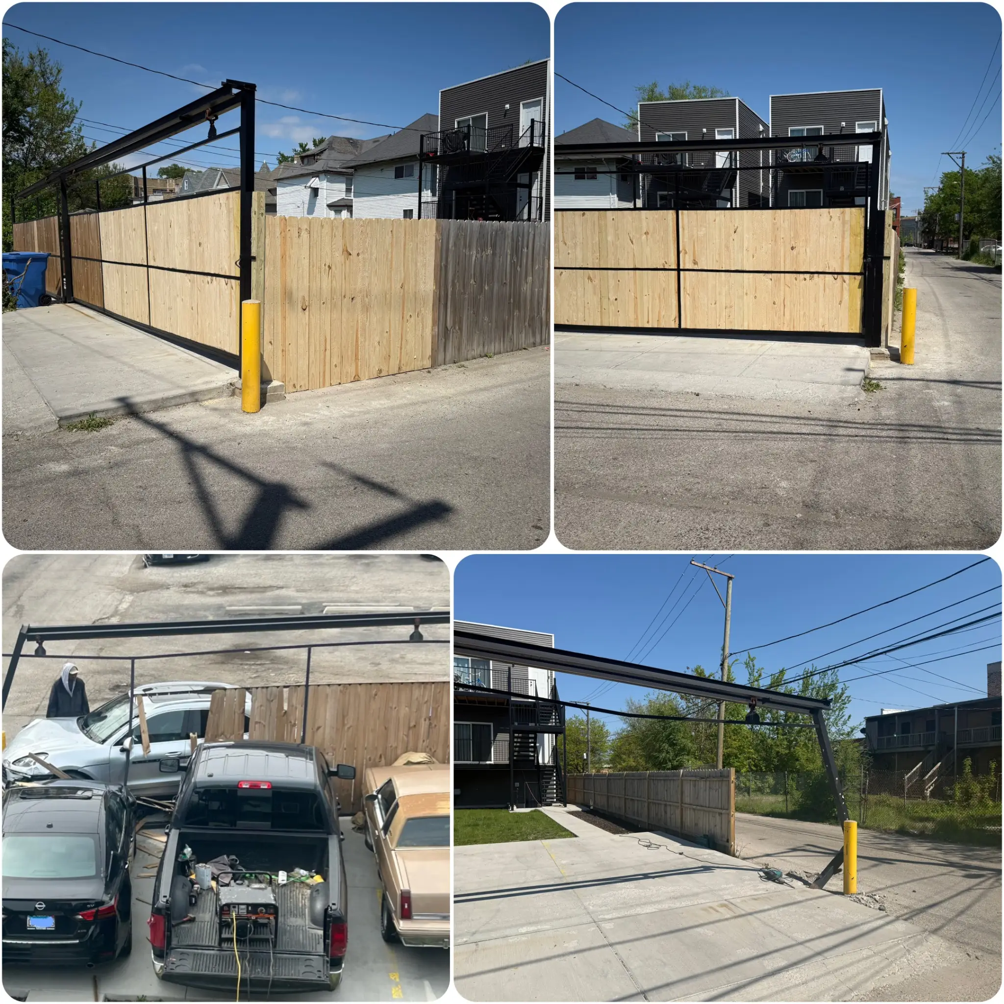Commercial sliding gate installation with steel frame and wood panels for secure parking in Chicago, Illinois