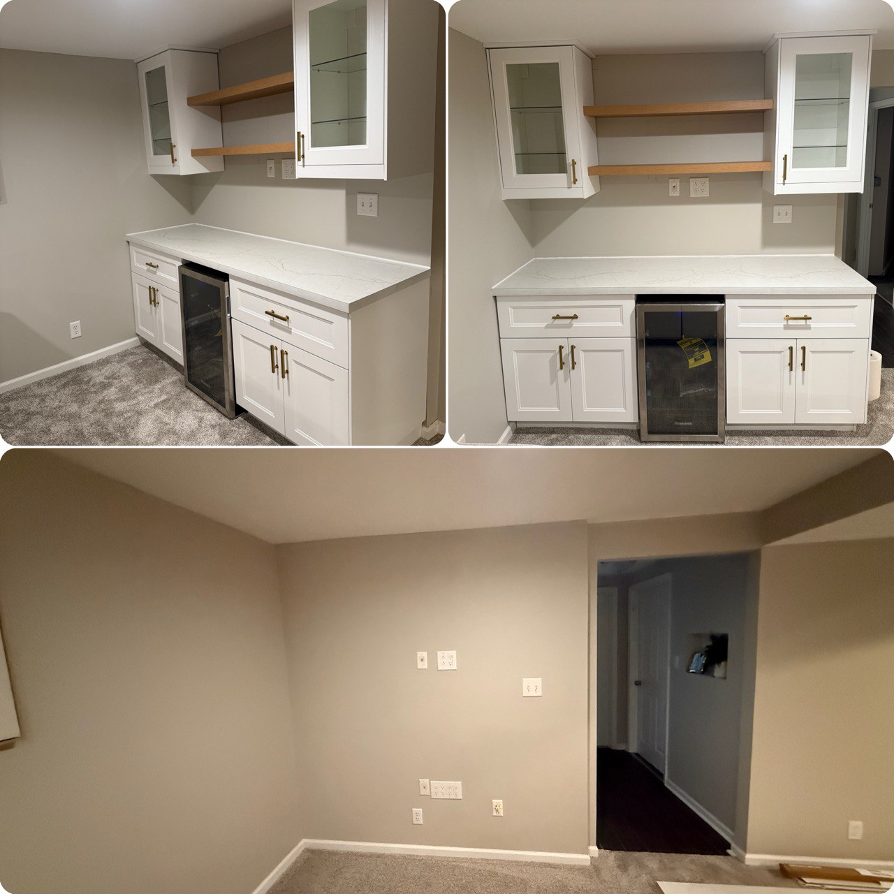 Basement built-in bar with white shaker cabinets and beverage fridge in Naperville IL