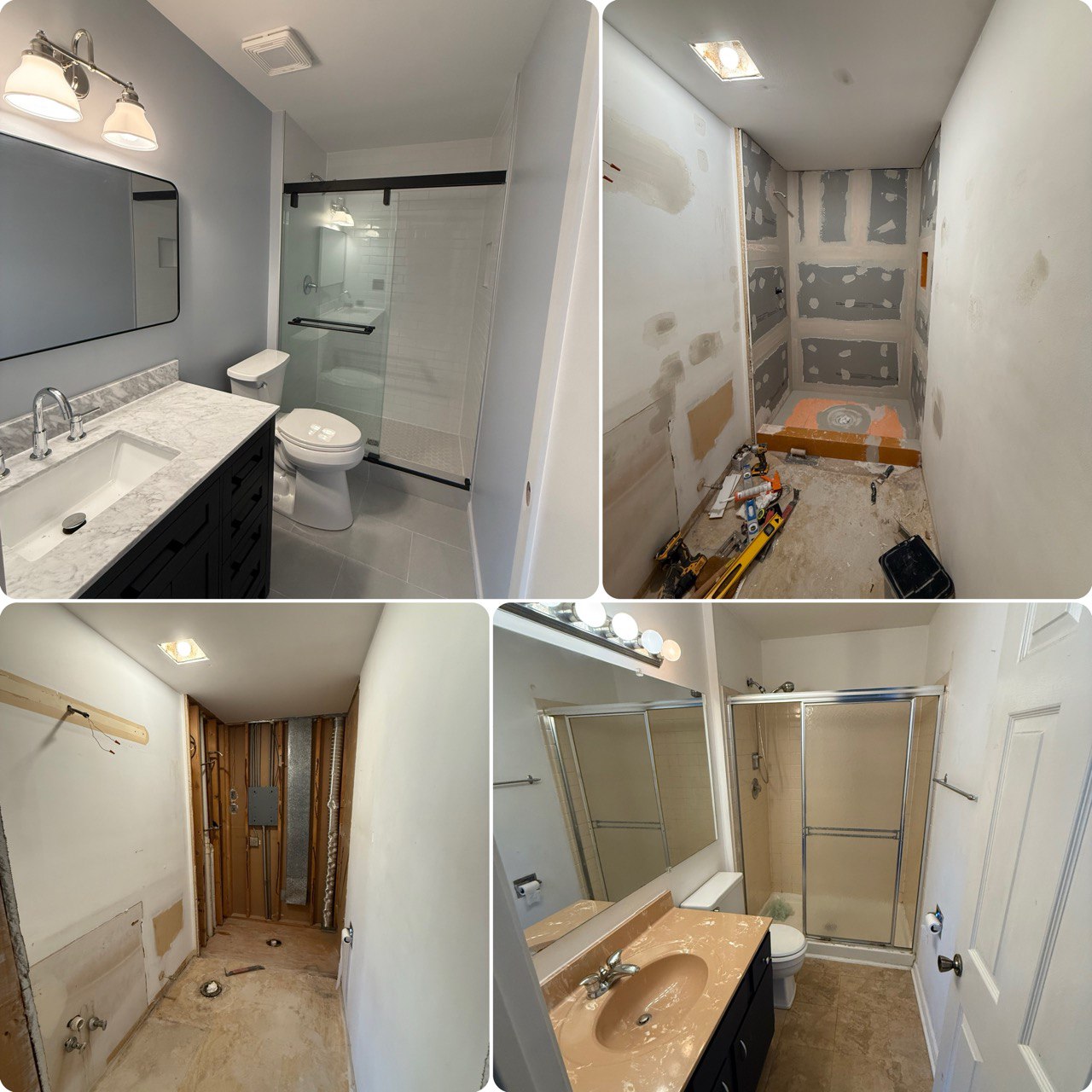 Modern bathroom remodel with tiled walk-in shower and new vanity in Woodridge IL