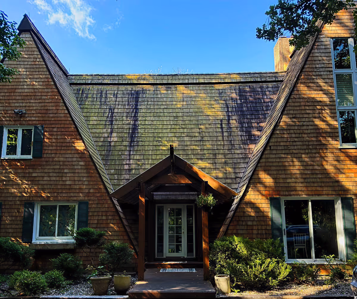 Roof with black streaks, algae, and stains before soft wash cleaning