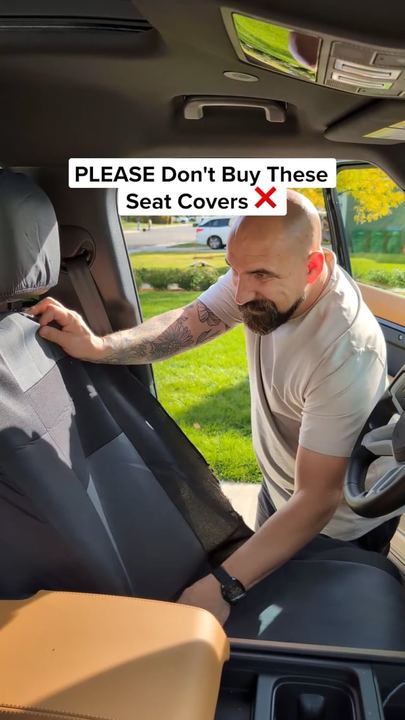 Video ad for Coverland: a man fitting a seat cover in a car, captioned please do not buy these seat covers