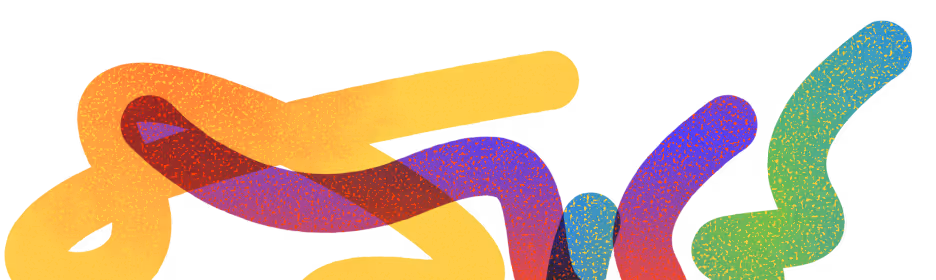 Abstract curvy lines overlapping with gradient colors in orange, yellow, purple, blue, and green on transparent background.