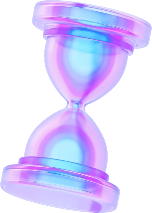 Stylized hourglass with glowing blue and purple liquid, symbolizing efficient time management and the flow of AI data.