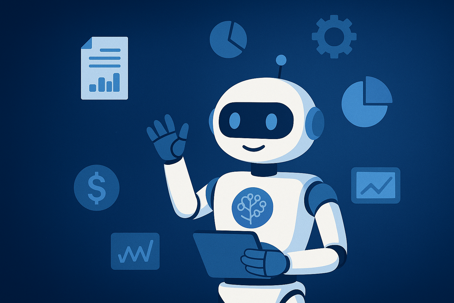 Flat-style digital illustration of a friendly white and blue AI robot holding a tablet, surrounded by financial and business icons including a dollar sign, pie charts, graphs, and a document. Set against a gradient dark blue tech-inspired background, the image visually represents AI automation in accounting and finance.