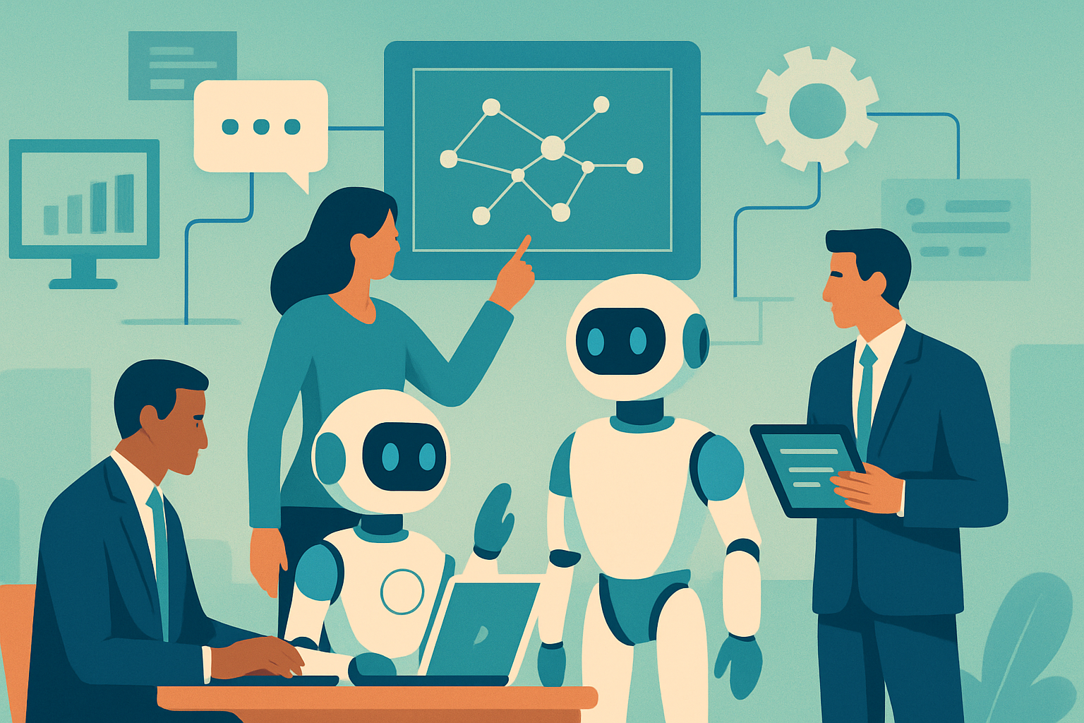 Illustration of business professionals and AI agents collaborating in a modern office. The scene includes digital screens, data charts, and AI interface elements in a clean, flat style. The environment is vibrant with shades of teal, blue, and orange, depicting a futuristic and tech-driven workspace.