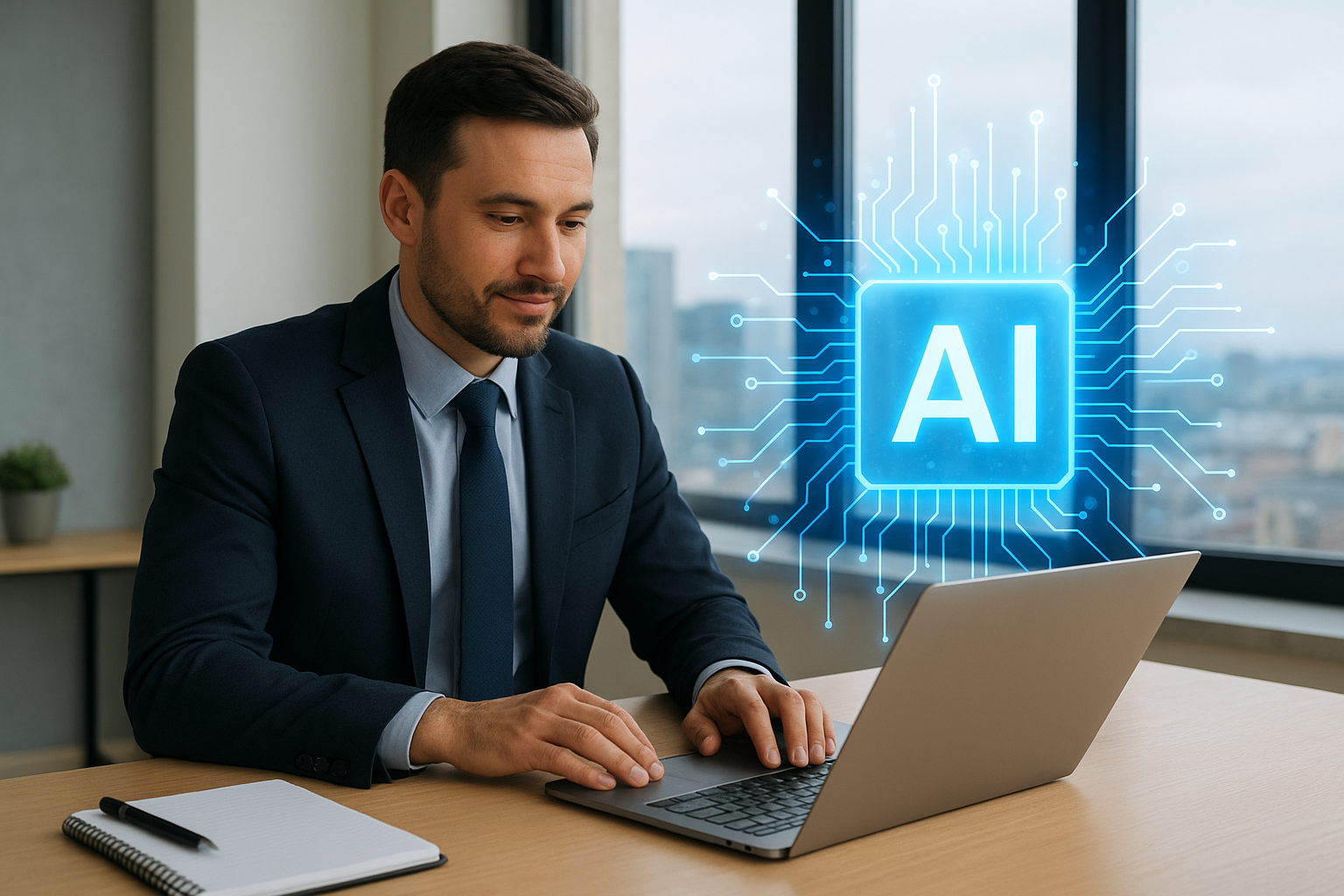 A light-skinned businessman in a navy suit and light blue shirt sits at a modern wooden desk, typing on a laptop in an office with large windows showing the Kansas City skyline. A glowing blue AI icon with circuit-like lines appears in front of the laptop, symbolizing artificial intelligence.