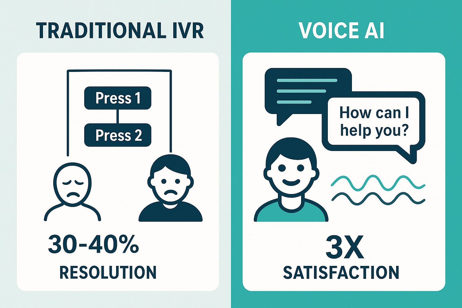 Comparison of traditional IVR phone system with 30-40% resolution rate and frustrated customers versus modern Voice AI with 3X satisfaction using natural conversation interface.