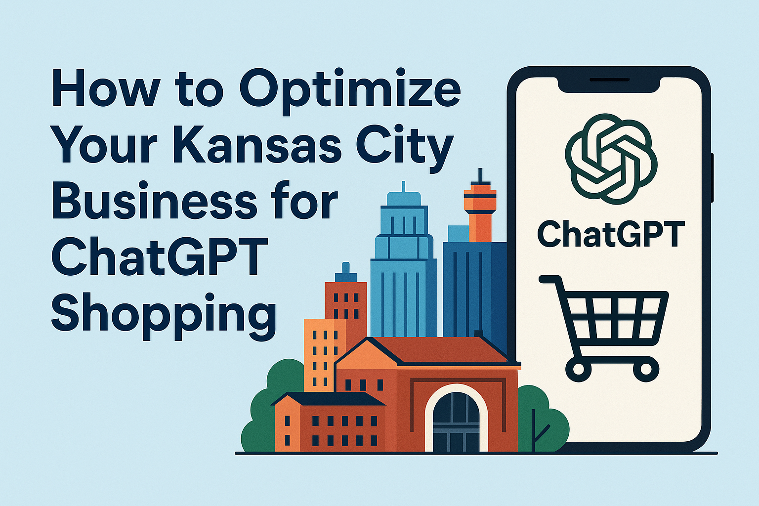 Modern flat illustration showing the Kansas City skyline beside a smartphone displaying the ChatGPT logo and a shopping cart icon, with the blog title “How to Optimize Your Kansas City Business for ChatGPT Shopping” on a blue background.