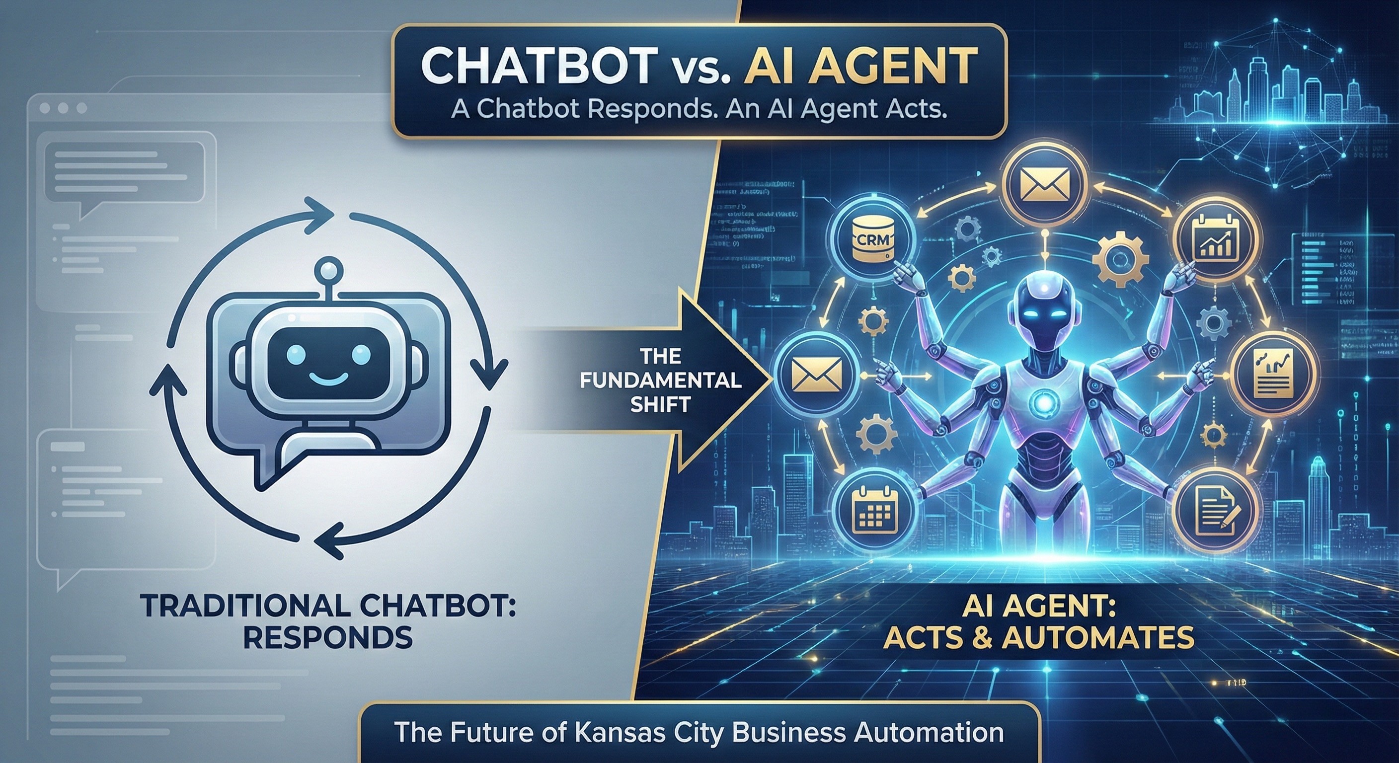 A split-screen comparison graphic titled 'Chatbot vs. AI Agent.' The left side shows a simple robot icon in a loop labeled 'Traditional Chatbot: Responds.' The right side depicts an advanced, multi-tasking robot connecting to CRM, email, and analytics icons, labeled 'AI Agent: Acts & Automates,' illustrating the shift from passive answering to active business automation for Kansas City companies.