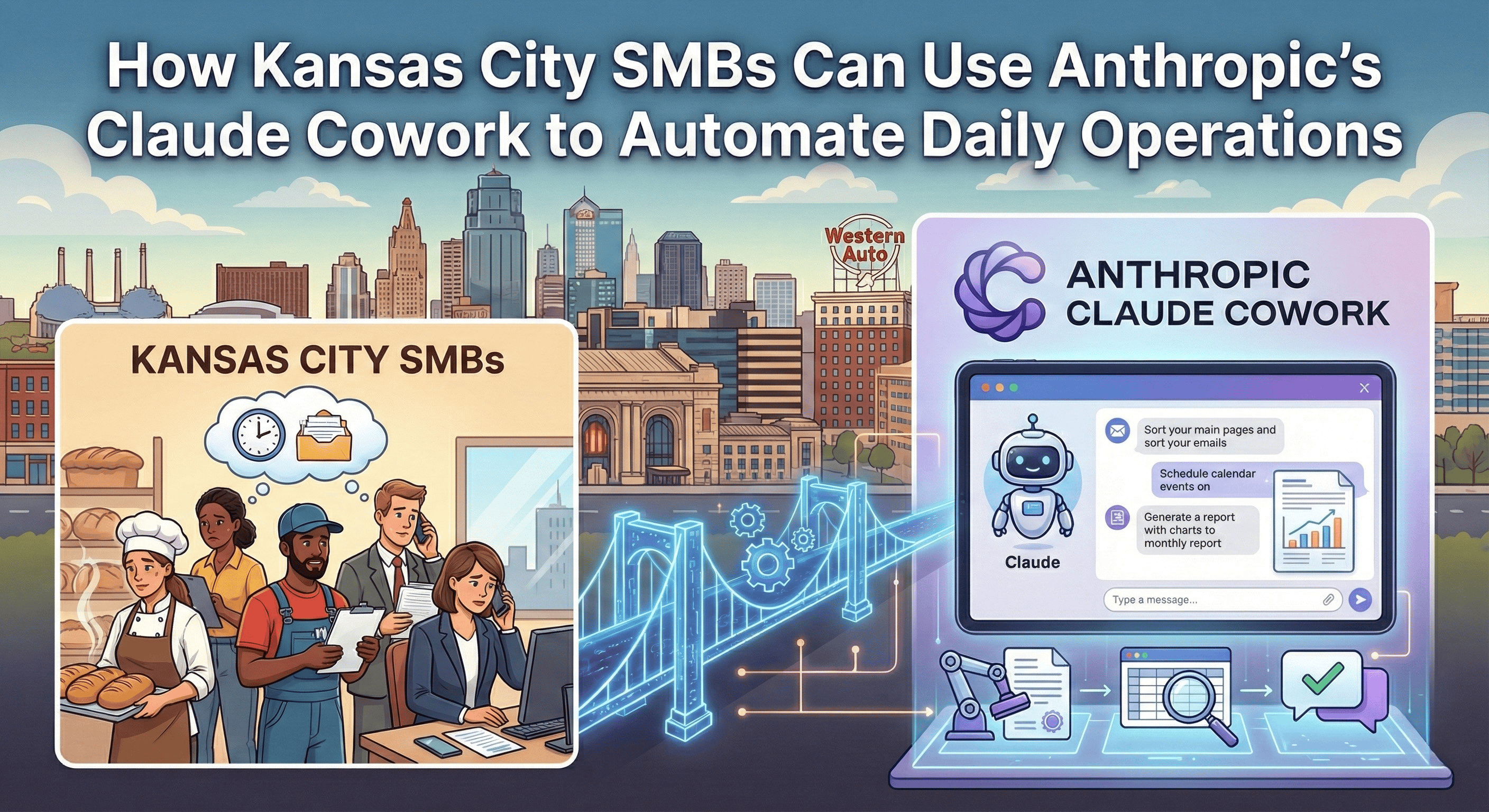 The image is a featured article graphic titled "How Kansas City SMBs Can Use Anthropic's Claude Cowork to Automate Daily Operations". The left side, labeled "KANSAS CITY SMBs", shows a cartoon illustration of various small business owners, including a baker, a mechanic, and office workers, looking busy and stressed with thought bubbles about time and emails. The background features a stylized Kansas City skyline with landmarks like the Western Auto sign. A glowing digital bridge with gears connects this section to the right side, labeled "ANTHROPIC CLAUDE COWORK". This side features a robot avatar named "Claude" inside a chat interface on a tablet, demonstrating automation tasks. Below the tablet are icons representing automated workflows.