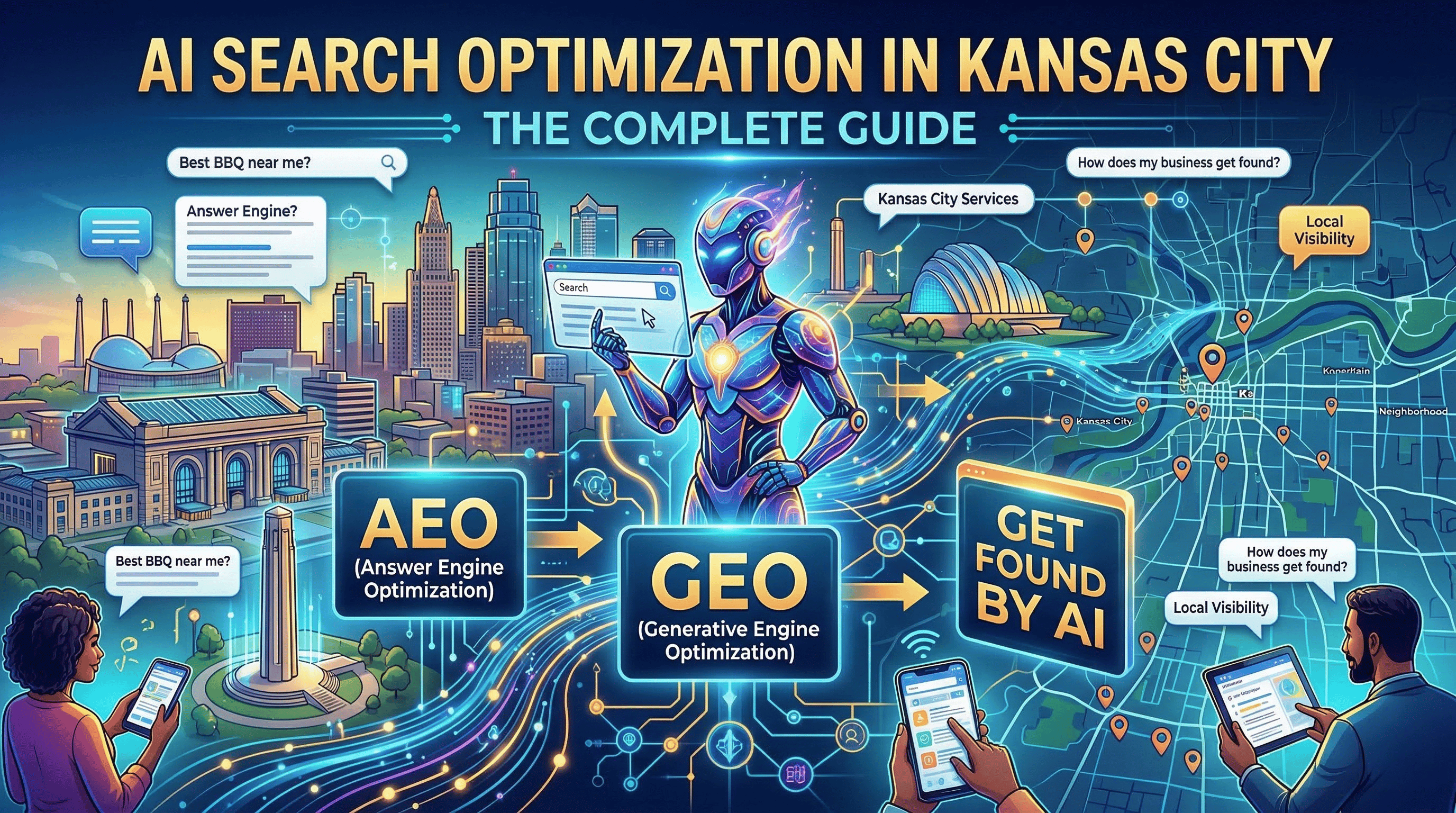 An infographic-style image titled "AI SEARCH OPTIMIZATION IN KANSAS CITY - THE COMPLETE GUIDE." The central figure is a stylized robot with glowing blue armor and golden accents, holding a transparent search interface. Around it, a futuristic digital cityscape of Kansas City is rendered, with recognizable landmarks like the Liberty Memorial and other modern buildings. At the bottom, diverse people with devices (tablets and smartphones) are connected to the central elements by glowing network lines.