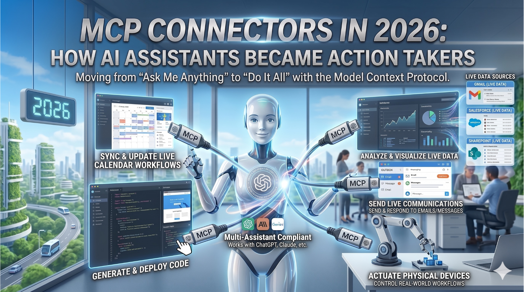 An infographic titled "MCP CONNECTORS IN 2026: HOW AI ASSISTANTS BECAME ACTION TAKERS" shows how Model Context Protocol (MCP) enables AI to take real-world actions. The subtitle reads, "Moving from 'Ask Me Anything' to 'Do It All' with the Model Context Protocol." A central robot, representing an AI assistant, manages multiple tasks via cables labeled "MCP."