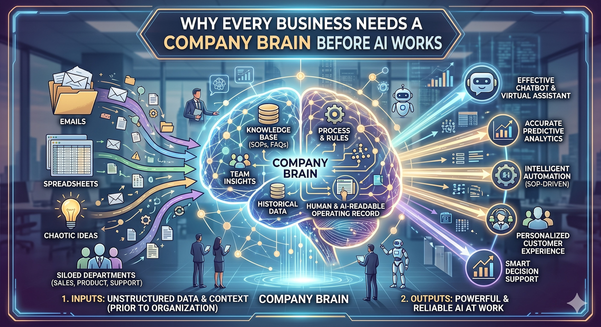 An infographic titled "Why Every Business Needs a Company Brain Before AI Works." It features a glowing central tech-brain processing disorganized inputs (emails, spreadsheets, siloed departments) on the left, and outputting organized, powerful AI capabilities (chatbots, predictive analytics, intelligent automation) on the right.