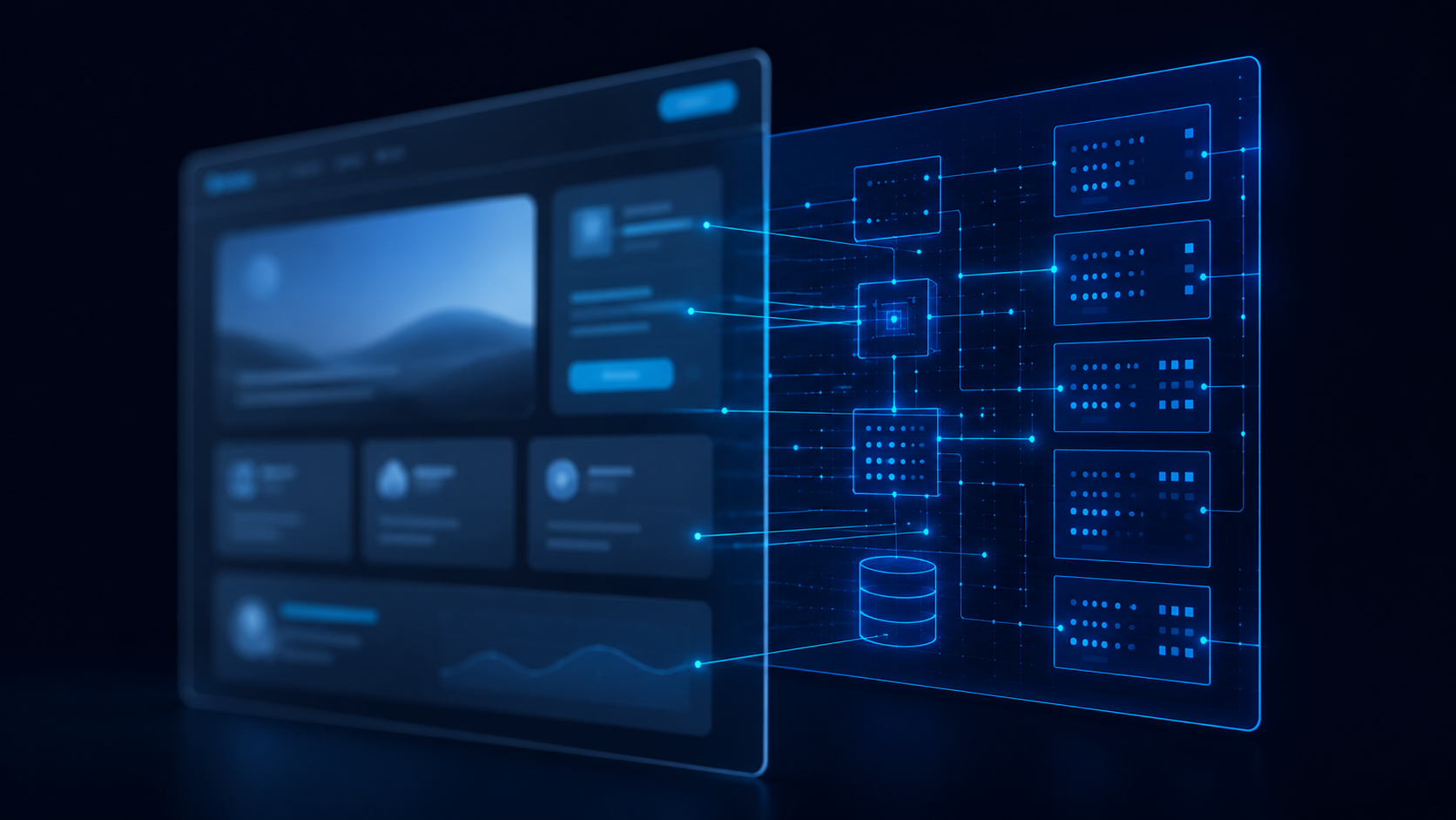 Layered website interface connected to a glowing structured-data wireframe in dark blue space.