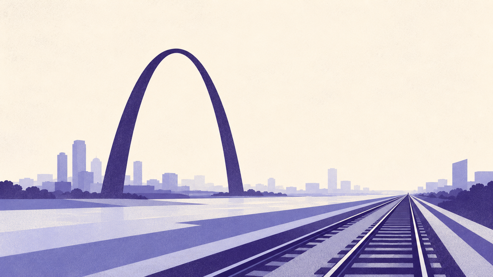 Stylised illustration of the Gateway Arch above converging freight rail lines, representing Missouri's role as the nation's fourth largest freight rail state.