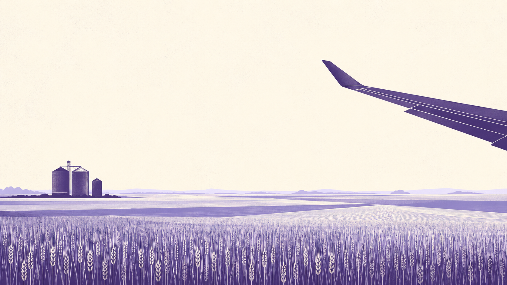 Stylised illustration of a Kansas wheat horizon with grain elevators beneath an aircraft wing, representing the state's agriculture and Wichita aviation industries.