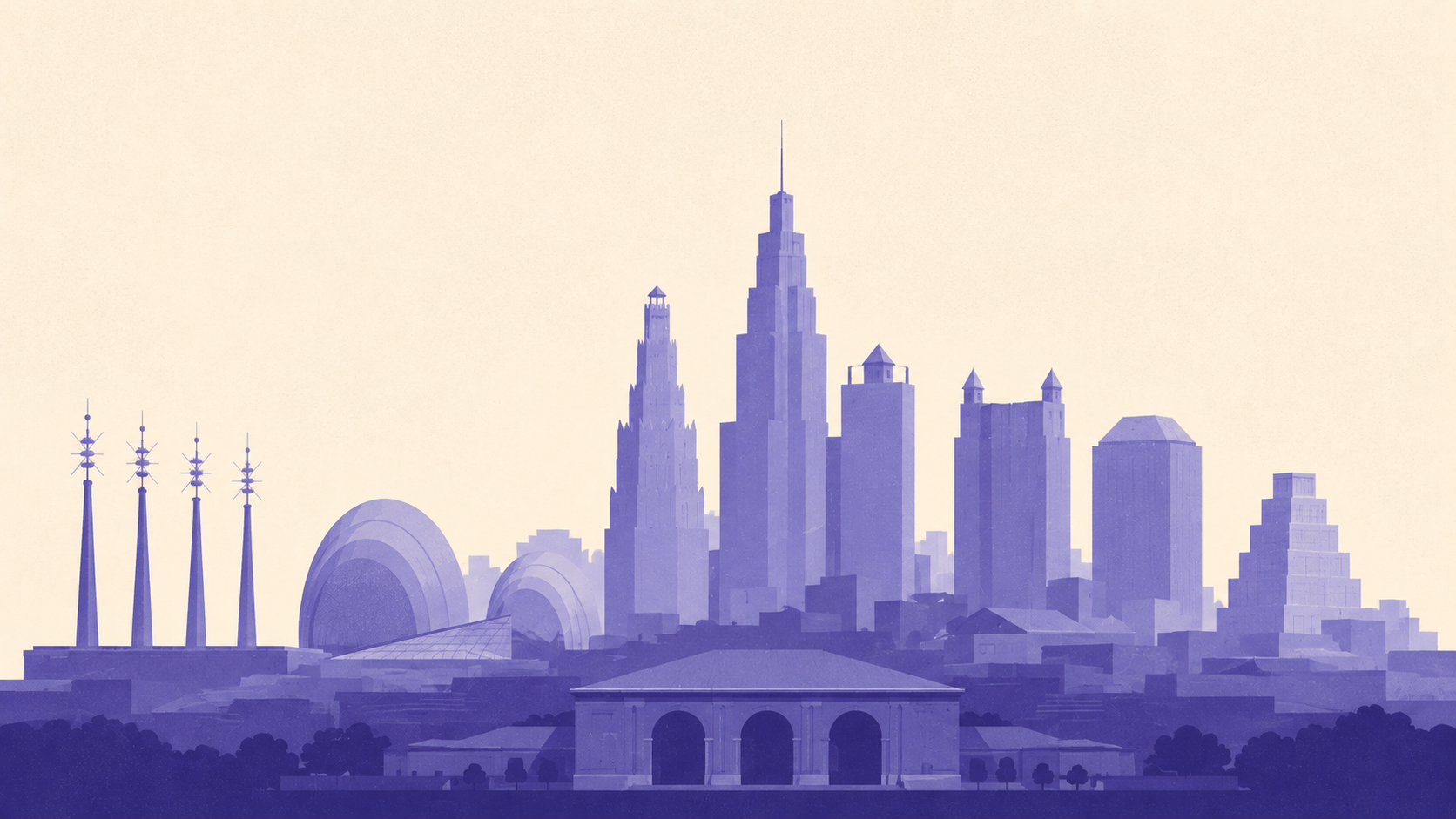 Stylised illustration of the downtown Kansas City skyline seen from the south, with the Bartle Hall Sky Stations at left, the Kauffman Center, the Power and Light Building and One Kansas City Place in the tower cluster, and Union Station low in the foreground.