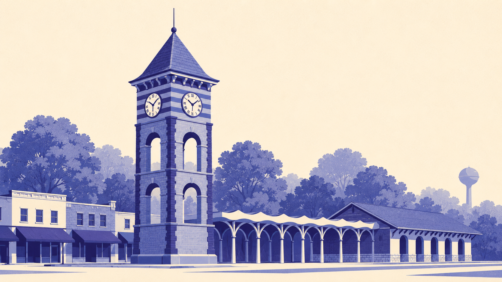 Stylised illustration of the historic clock tower in downtown Overland Park on Santa Fe Drive, with the Clock Tower Landing market pavilion beside it and the mature tree canopy of the College Boulevard corridor behind.