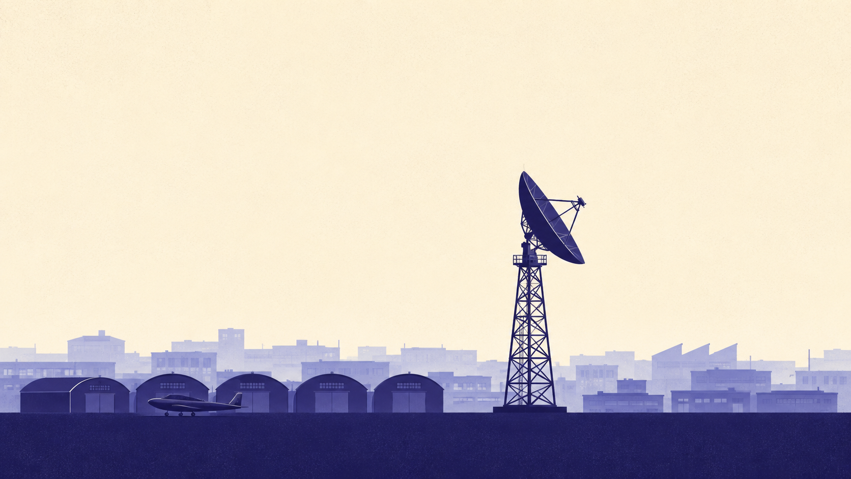 Stylised illustration of a radar antenna above a row of aircraft hangars and long low production buildings, representing Olathe's air navigation electronics manufacturing and Johnson County Executive Airport.
