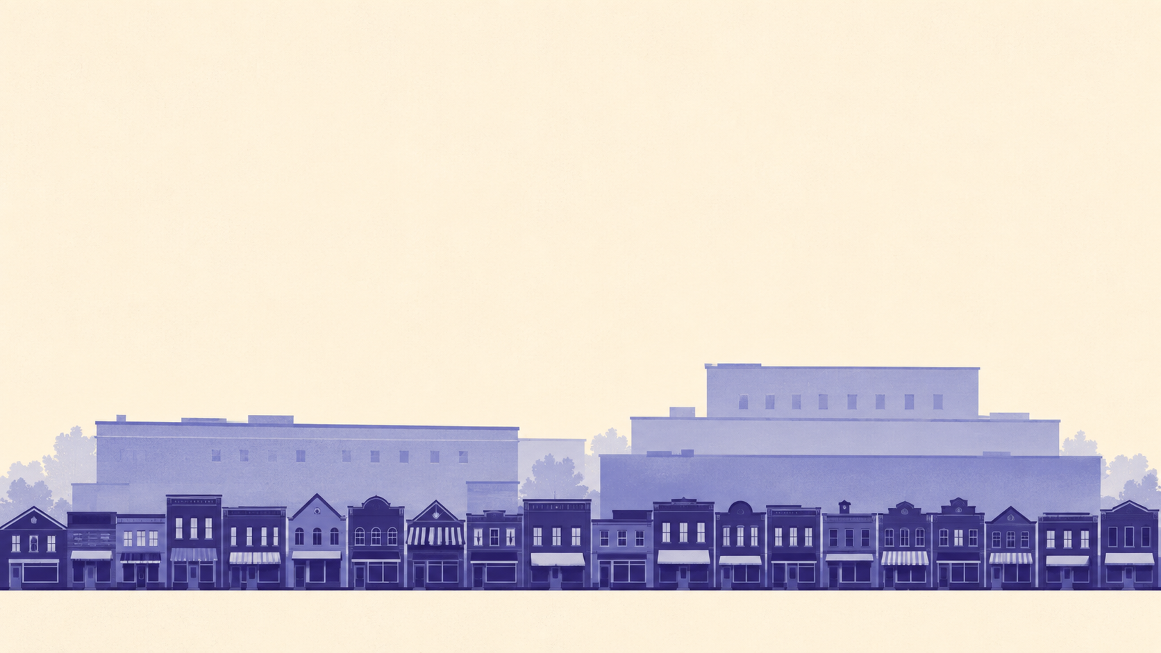 Stylised illustration of a long row of small shopfronts in front of a few much larger institutional buildings, representing a Lee's Summit business base of very small firms selling into large local institutions.