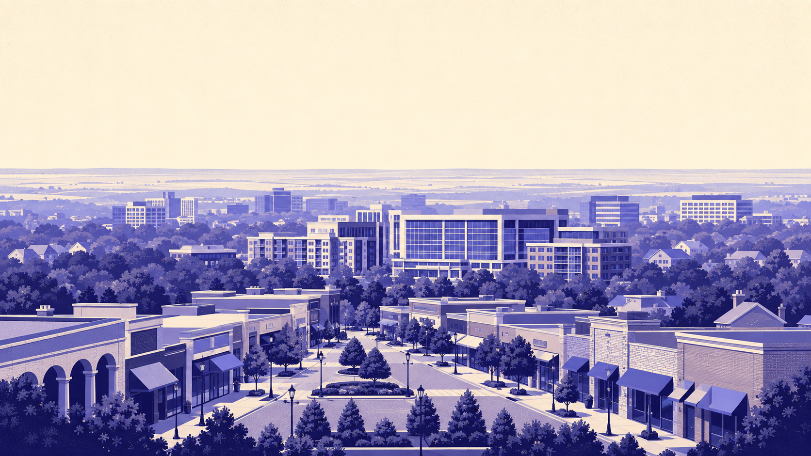 Stylised illustration of Leawood, Kansas, with the open-air retail streetscape of Town Center Plaza at 119th Street and Roe Avenue in the foreground and the mid-rise office buildings of the Park Place district and the Tomahawk Creek Parkway corridor rising behind it, surrounded by dense tree canopy and low residential rooflines, representing the office corridor where wealth management, insurance and corporate head offices employ more people than the city has residents.