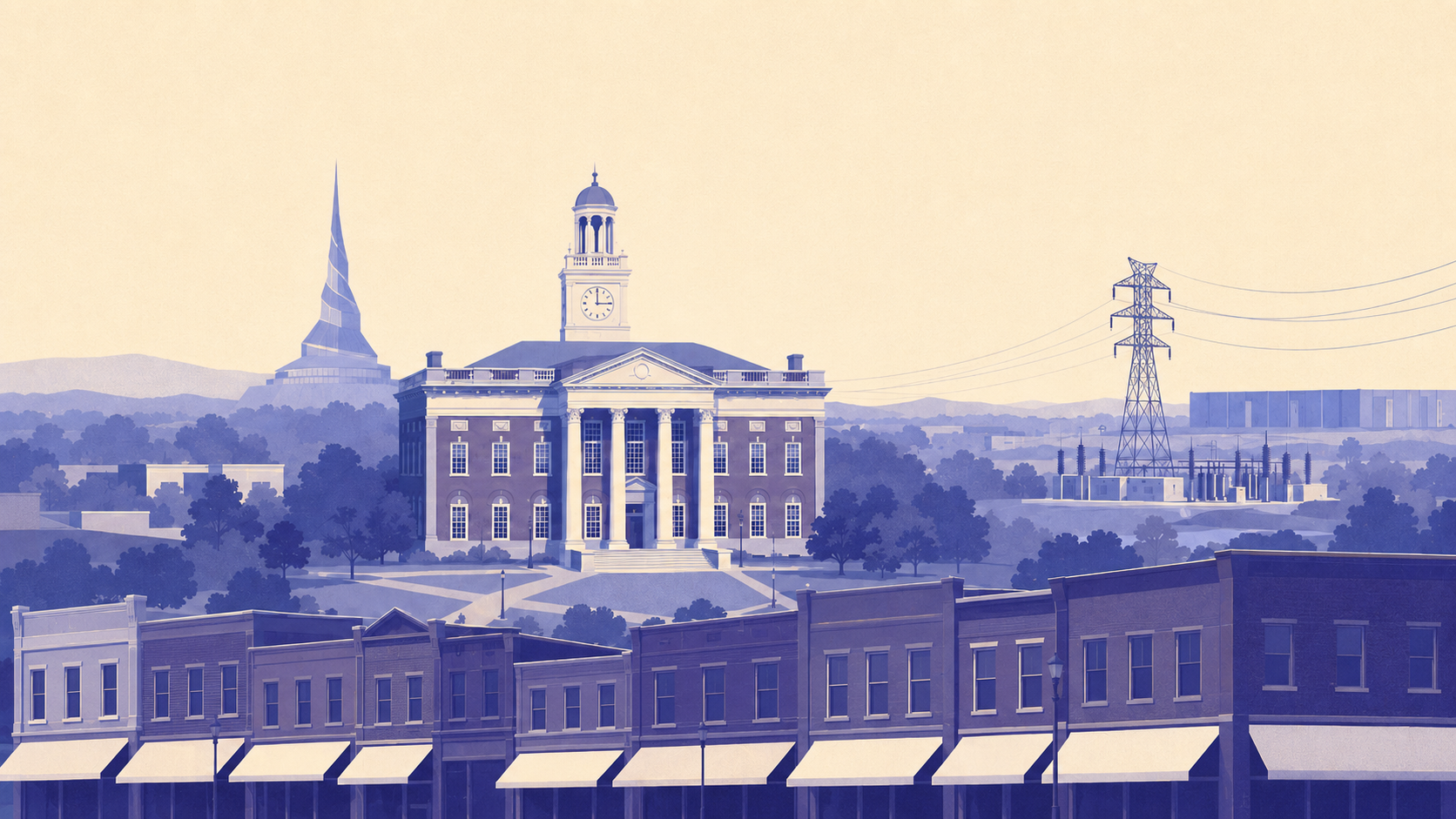 Stylised illustration looking west across Independence Square, with the brick storefronts of the historic downtown in the foreground, the Jackson County Courthouse and its clock tower at the centre, and the spiral spire of the Community of Christ Temple on the skyline beyond. An electricity transmission pylon, substation and data centre building stand to the right, representing Independence's municipally owned utility and the AI campus it supplies.
