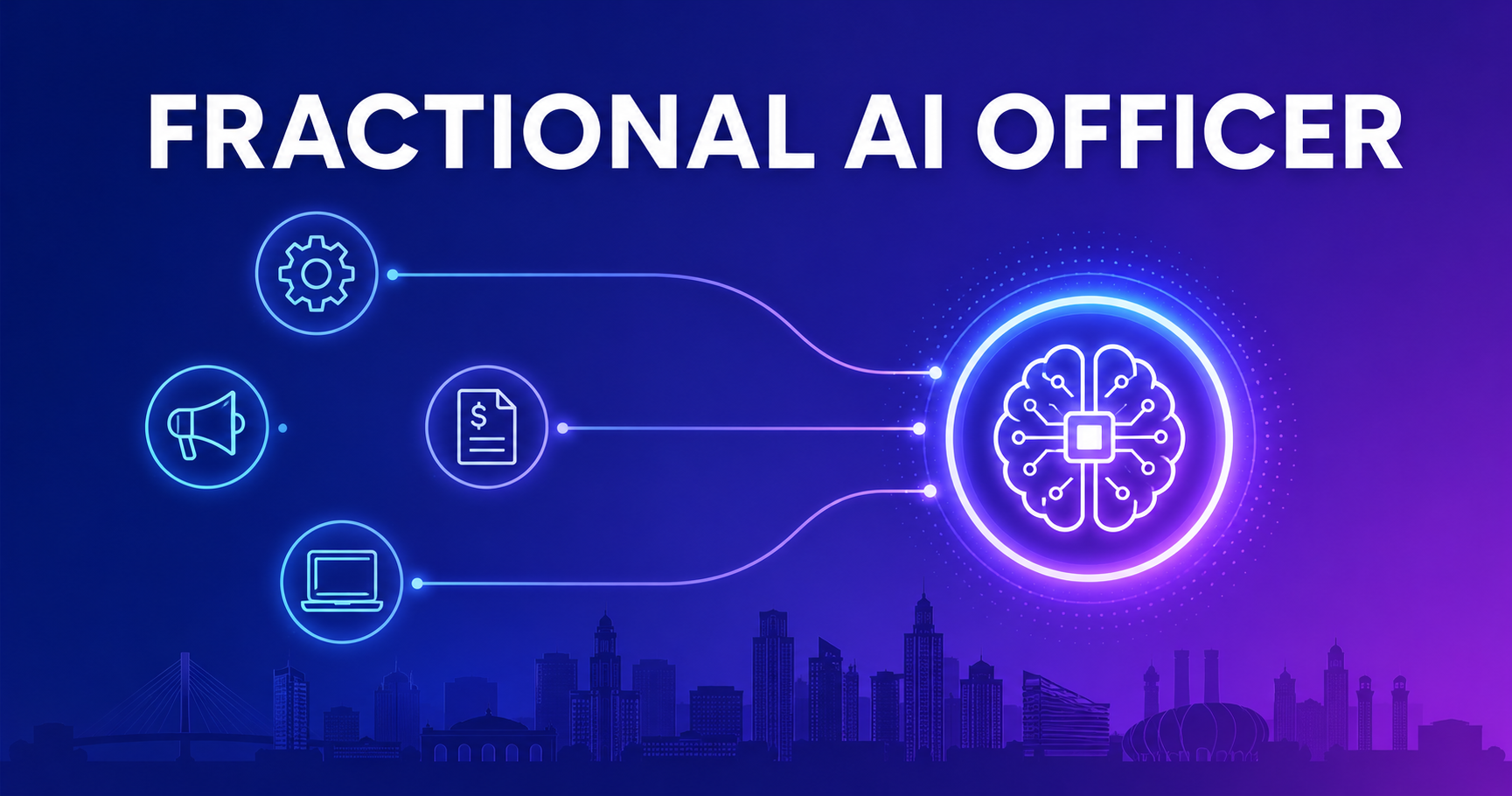 Editorial illustration headed "FRACTIONAL AI OFFICER" in bold white uppercase. Four scattered outline icons, a gear, a megaphone, a dollar-sign document, and a laptop, sit disconnected on the left, each faintly glowing. A single larger glowing node on the right connects to all four with clean curved lines, pulling them into one aligned line. The background is a navy to purple brand gradient with a faint Kansas City skyline silhouette across the lower third.