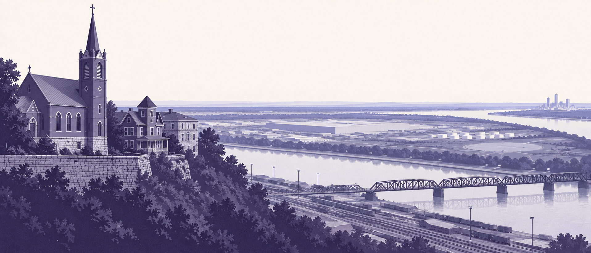 Duotone illustration of the Strawberry Hill bluff in Kansas City, Kansas, with the single bell tower and tall spire of St. John the Baptist Catholic Church and the corner-towered Queen Anne front of the Strawberry Hill Museum standing above a long limestone retaining wall, the Kansas River below, a riveted steel truss bridge carrying the line across it, the rail flats and strings of freight cars of the bottoms in the foreground, the flat pale sheds and white storage tanks of the Fairfax Industrial District spread along the far bank, and the downtown Kansas City, Missouri skyline small and distant on the right horizon.