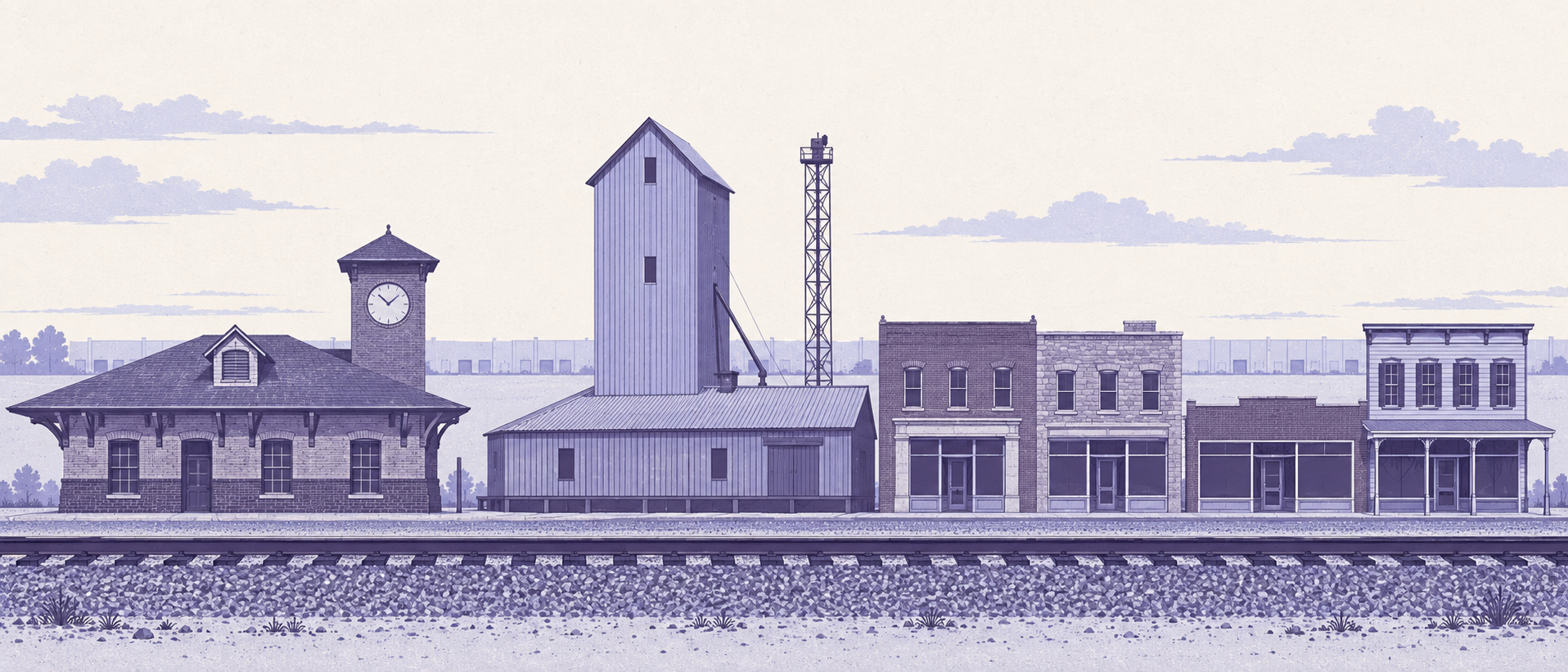 Duotone illustration of Old Town Lenexa, with a single BNSF track and its ballast bed crossing the foreground, the working BNSF depot in brick with its square clock tower and wide bracketed hipped roof, the tall gabled headhouse of the Lenexa grain and feed elevator and its long shed beside it under a lattice steel mast, a row of two-storey brick, stone and clapboard commercial blocks continuing along the track, and the long low distribution buildings of the I-35 and K-10 corridor on the far horizon.